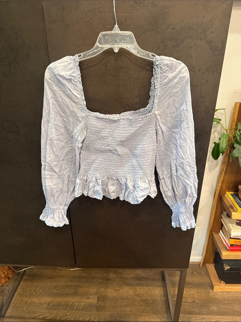 Reformation Light Blue Smocked Square-Neck Puff Sleeve Blouse 100% Cotton